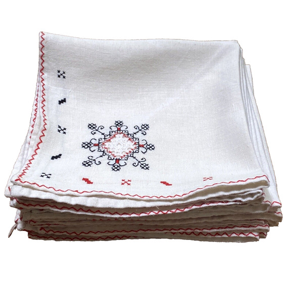 Vintage Set of 8 Cloth Napkins Creamy White Cotton Red Black Embroidery Cutwork - Picture 6 of 7
